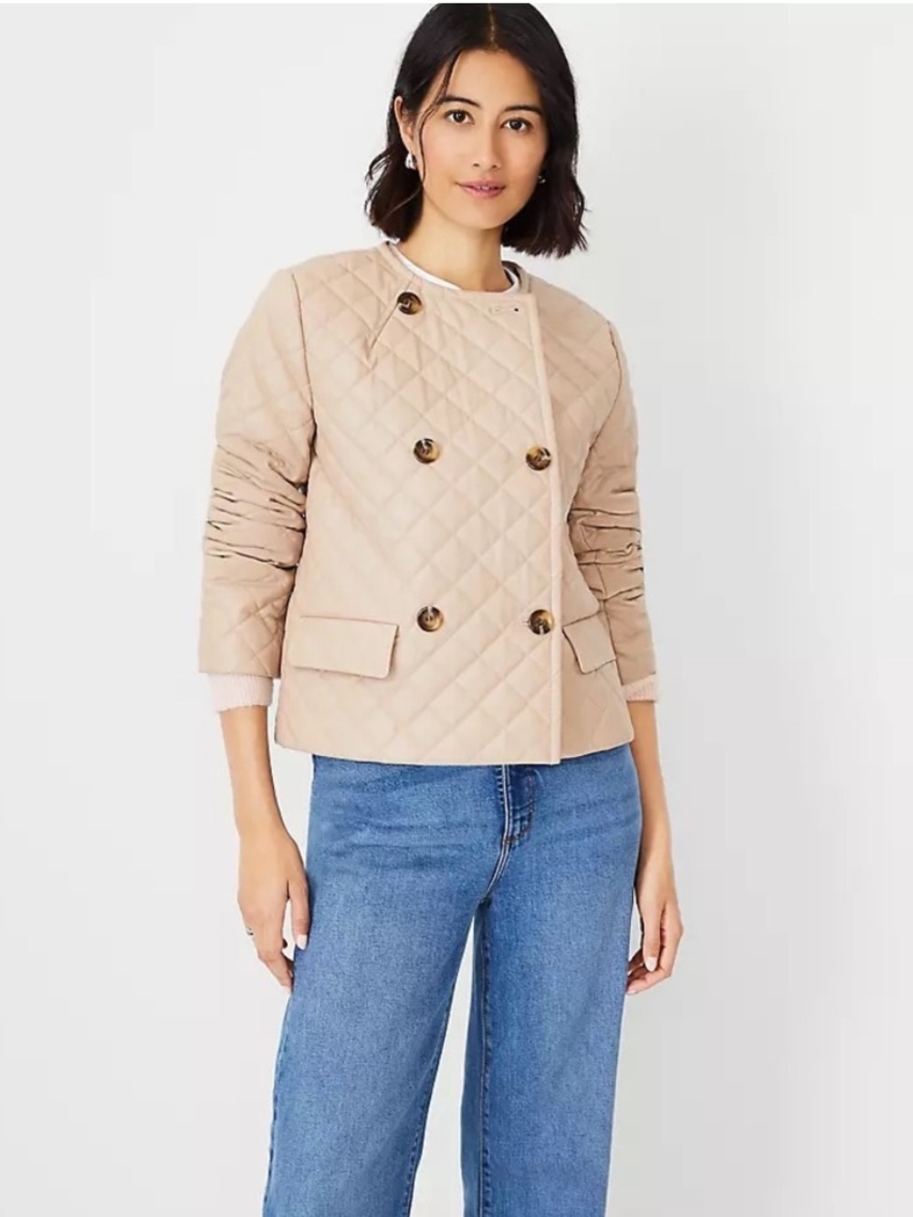 NWOT Ann Taylor Quilted Faux Leather Double Breasted Jacket Beige Size S